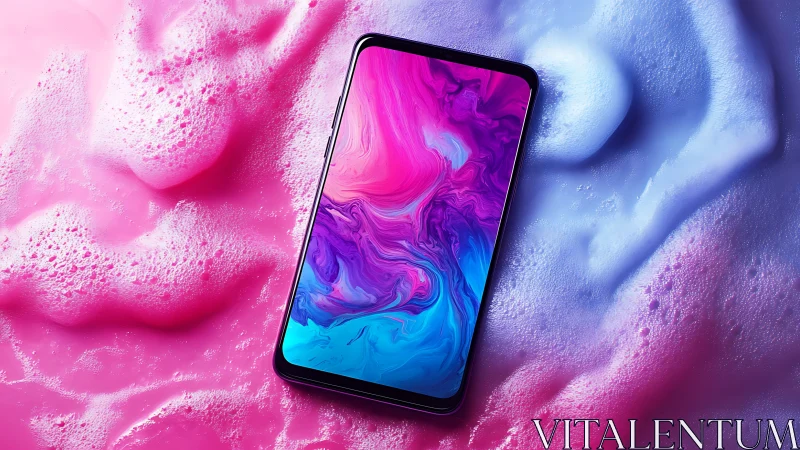 Bezel less smartphone rests on vivid pink and blue foam