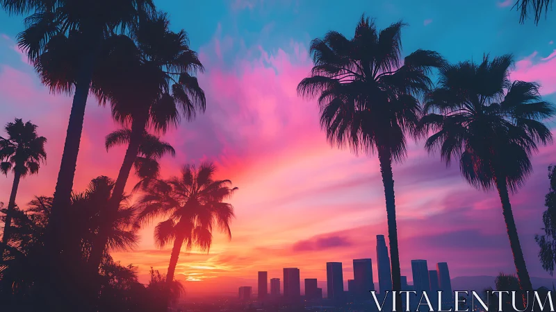 Vibrant palm silhouettes over neon sunset city skyline.