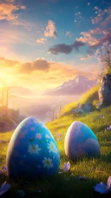 Sunrise meadow with painted eggs and dreamy mountainscape.