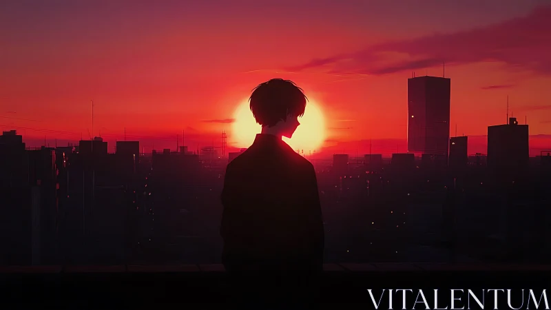 Silhouetted figure stands before dense city at sunset
