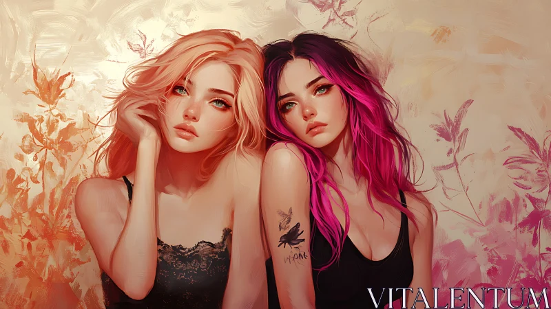 Digital portrait of two girls with vivid pastel florals.