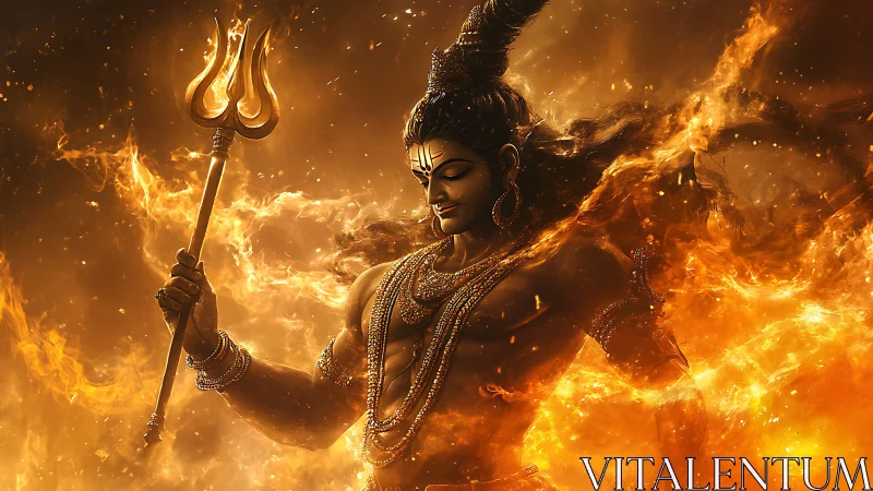Hindu deity figure in fire-lit digital render holding trident.