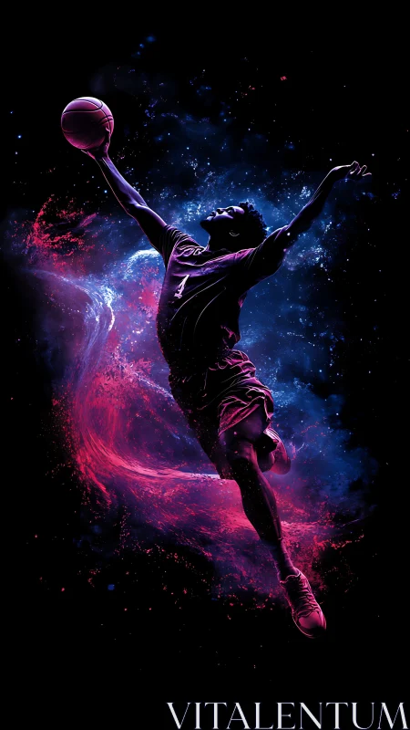 Basketball player leaping with neon splash trail effect.