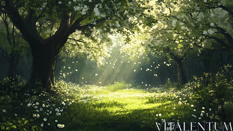 Sunlit Enchanted Forest Clearing in Lush Digital Painting Style.
