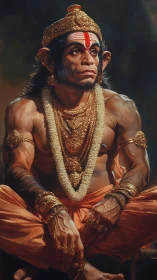 Mythic monkey warrior seated in ornate golden jewelry.