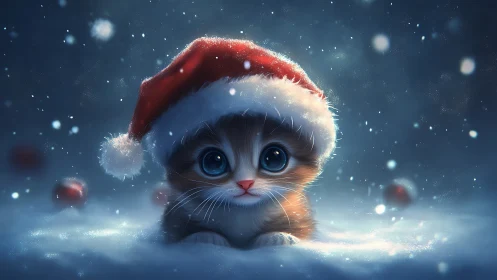 Wide-aperture winter portrait of kitten in Santa hat, bokeh snow
