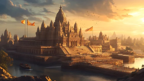 Digital painting of monumental riverside temple complex at dusk.