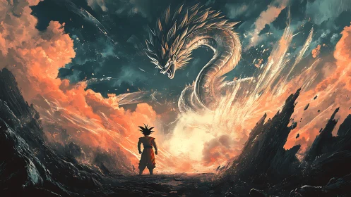Warrior confronts colossal dragon amid erupting storm sky