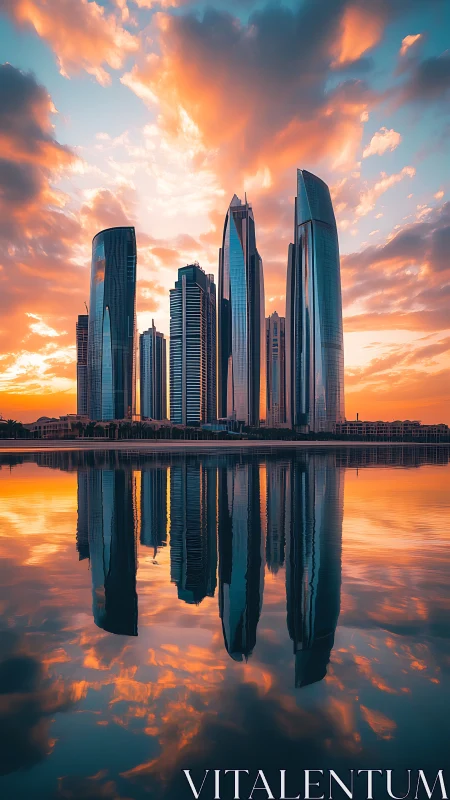 Sunset-illuminated glass skyscrapers mirrored in still waterfront