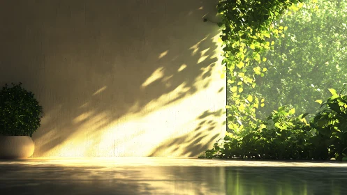 Sunlit corner where quiet walls meet wandering greenery.