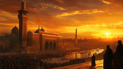 Sunset over monumental mosque plaza with dense pilgrim crowd