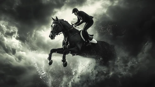 Equestrian jumper cuts through storm cloud explosion midair.