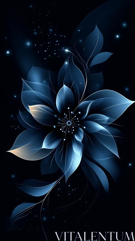 Luminescent Blue Flower with Particle Light Effects on Dark Background