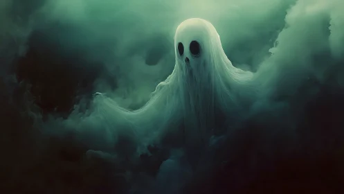 Mistborne ghost drifts through emerald stormcloud gloom.