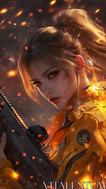 Firelit female soldier with rifle in embers and smoke.