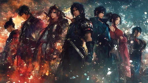 Samurai ensemble stands amid explosive bokeh nebula lighting