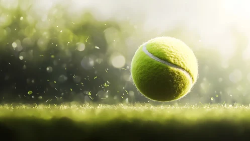 Sunlit tennis ball mid-bounce in glowing summer haze.