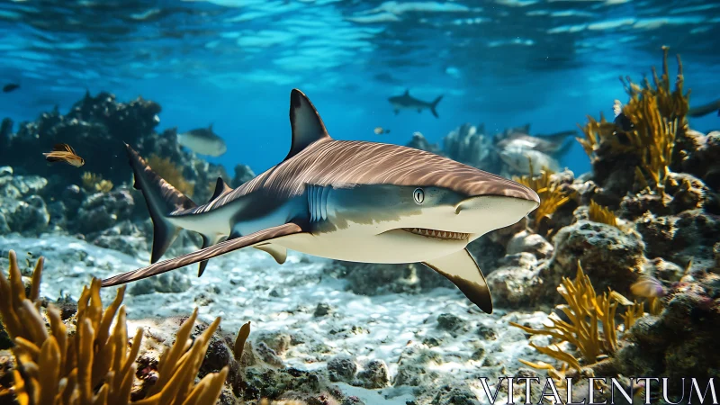 Reef shark swimming over coral seafloor in clear water.