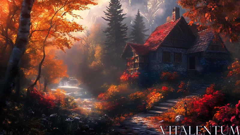 Autumn forest cottage with red roof and cinematic rim lighting.