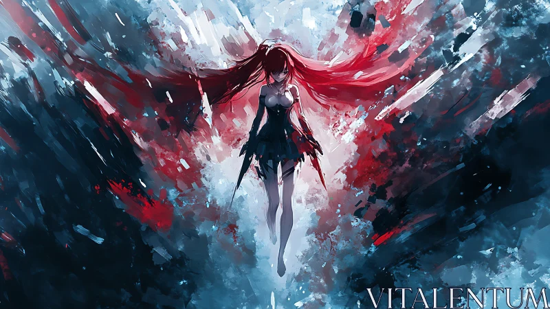 Red-haired anime warrior emerges through abstract chromatic blast