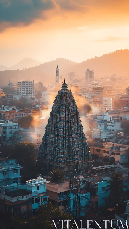 Sunlit temple tower rises amid misty Indian cityscape.