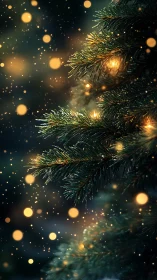 Glowing pine branches with warm festive bokeh lights.