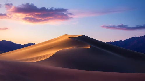Sunlit desert dune ridge under pastel twilight sky.