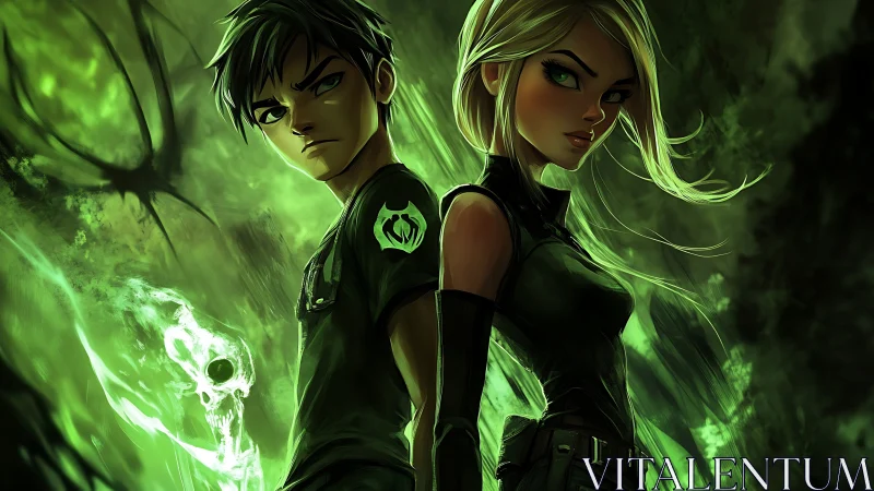 Two stylized fighters stand back to back in green glow