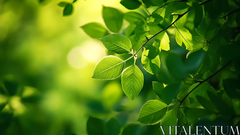 Sunlit green leaves on branch against soft defocused background.