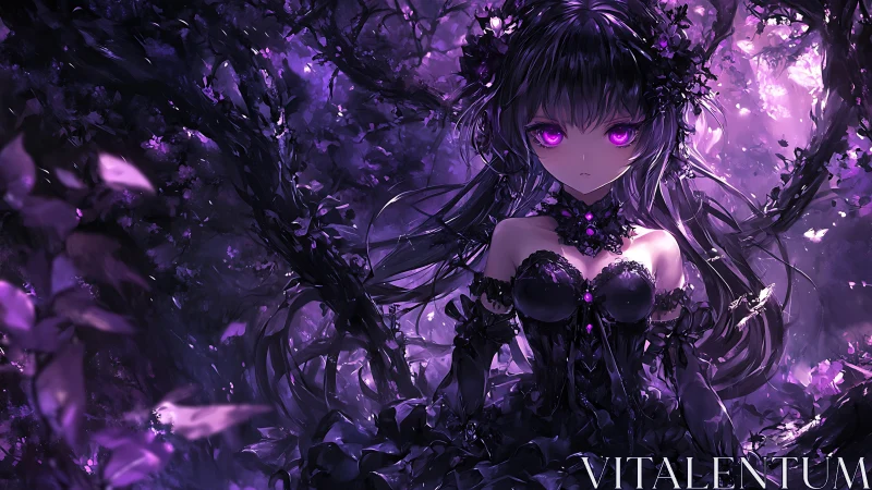 Dark forest anime sorceress glows with vivid violet power.