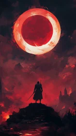Solitary warrior beneath red circular celestial eclipse.