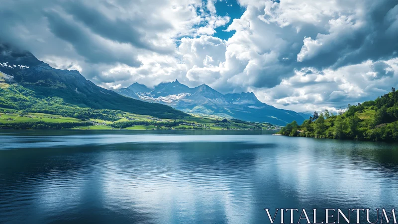 Cloud‑draped alpine peaks mirrored in a deep blue valley lake.