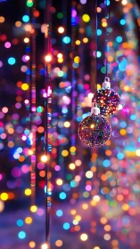 Glittering glass baubles suspended amid multicolor bokeh light