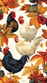 Farmyard Poultry and Autumn Foliage Pattern.