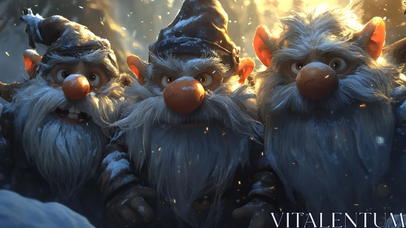 Snowlit gnome trio huddle in golden sparks of winter magic.