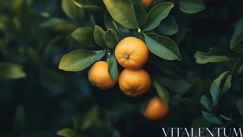 Photorealistic citrus cluster within deep green foliage study.
