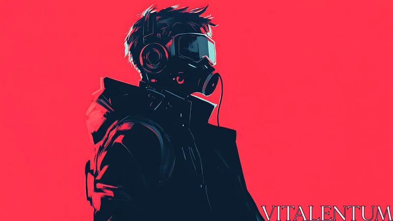 Cyberpunk figure in headset and mask on red background.