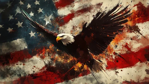 Soaring bald eagle over grunge-splattered US flag backdrop.