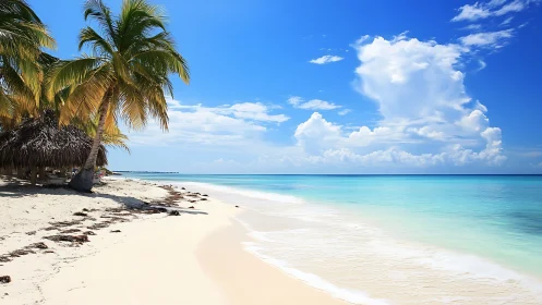 Tropical Coastline with Palm Trees and Turquoise Waters Under Blue Sky