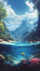 Digital painting of split-view tropical lagoon and peakscape.