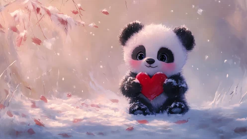 Snowy-hearted panda quietly broadcasts a tiny crimson love