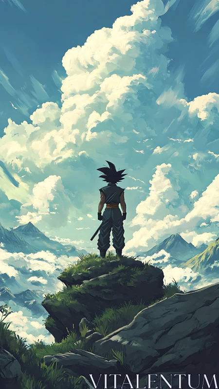 Silhouetted figure stands on mountain ledge below dense clouds