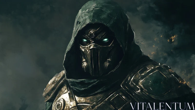 Hooded cybernetic warrior stands in stormlit battlefield haze