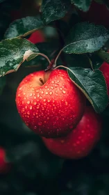 Ripe red apple with water droplets in moody orchard light.