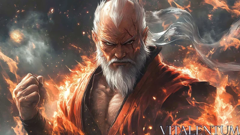 Elder martial artist enveloped in dynamic, high-energy flame effects