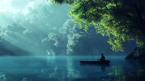 Quiet morning fishing on a misty sunlit forest lake.
