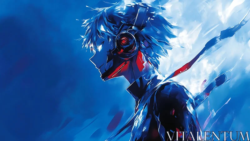 Cybernetic profile portrait renders fragmented neon energy field