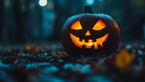 Rain-kissed jack-o’-lantern grinning through twilight gloom.