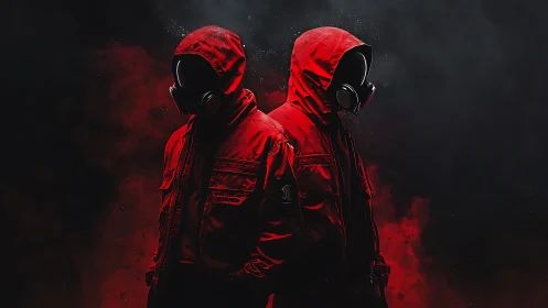 Mysterious red-hooded duo standing in swirling dark smoke.