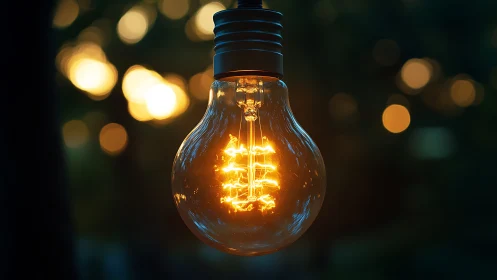 Glowing filament bulb shines warmly against soft bokeh dusk.